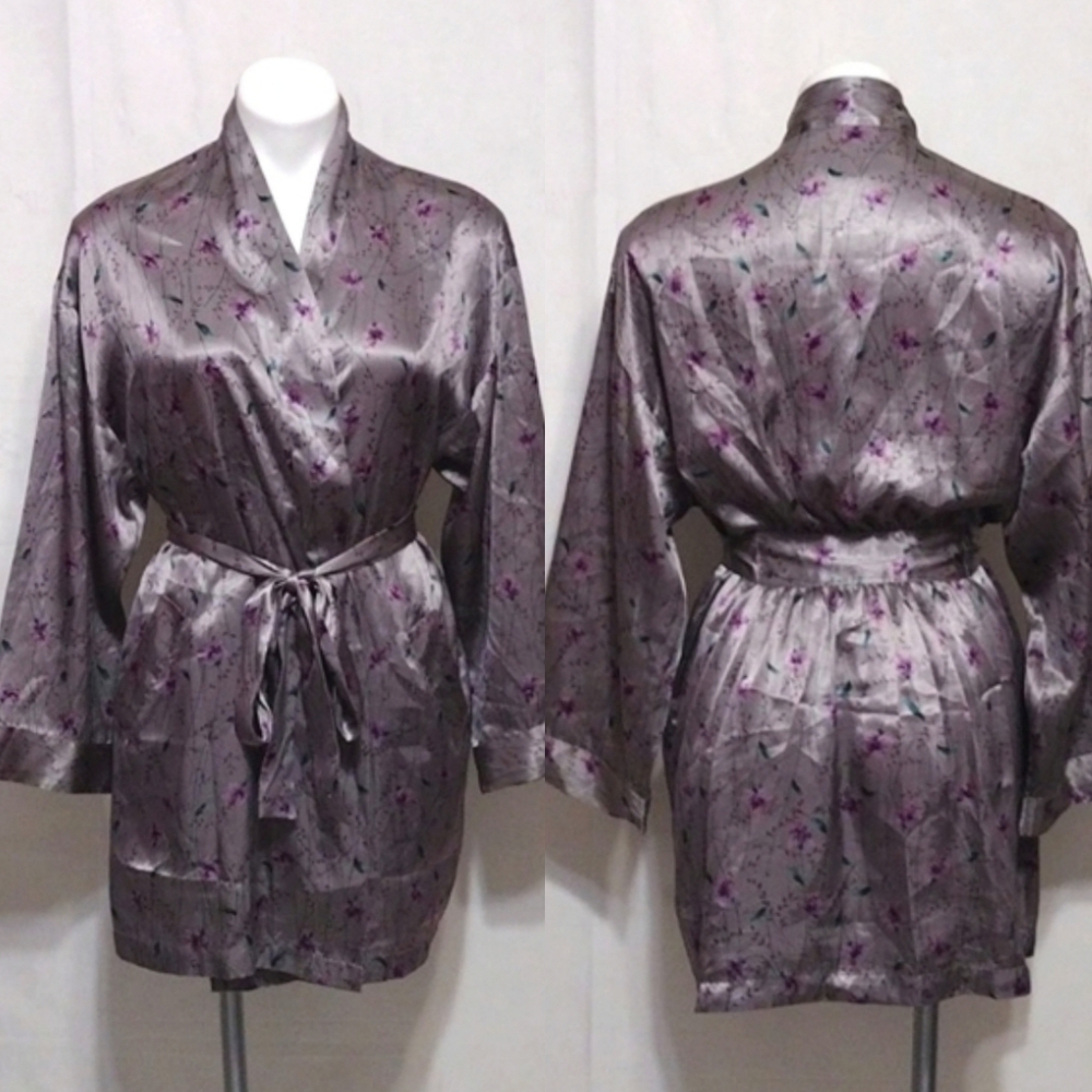 Victorias Secret Floral Satin Belted Kimono Robe One Size Luxury Loungewear Chic